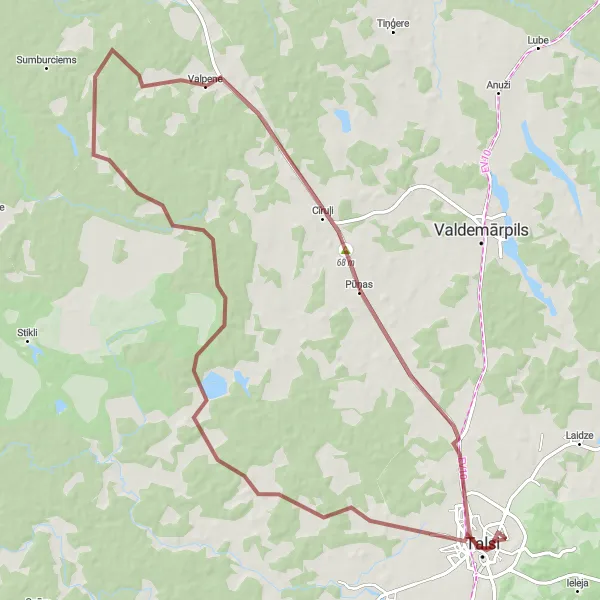 Map miniature of "Scenic Gravel Adventure" cycling inspiration in Latvija, Latvia. Generated by Tarmacs.app cycling route planner