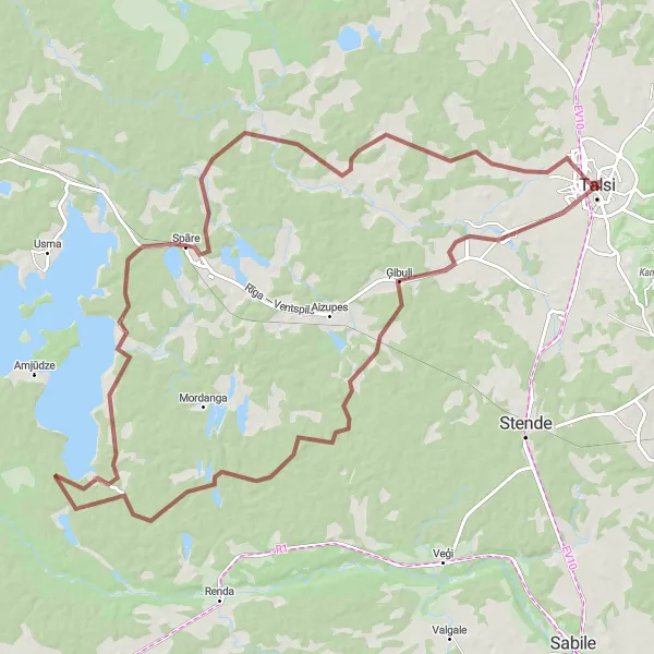 Map miniature of "Talsi Gravel Route" cycling inspiration in Latvija, Latvia. Generated by Tarmacs.app cycling route planner