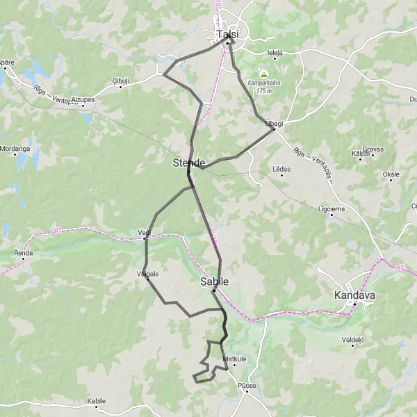 Map miniature of "Talsi Countryside Road Route" cycling inspiration in Latvija, Latvia. Generated by Tarmacs.app cycling route planner