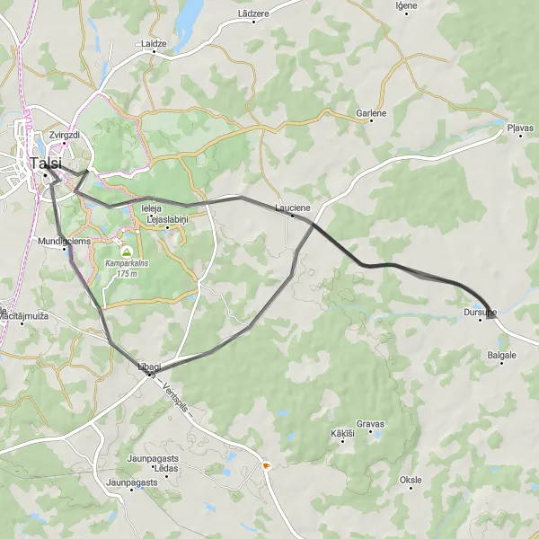 Map miniature of "Talsi Road Route" cycling inspiration in Latvija, Latvia. Generated by Tarmacs.app cycling route planner