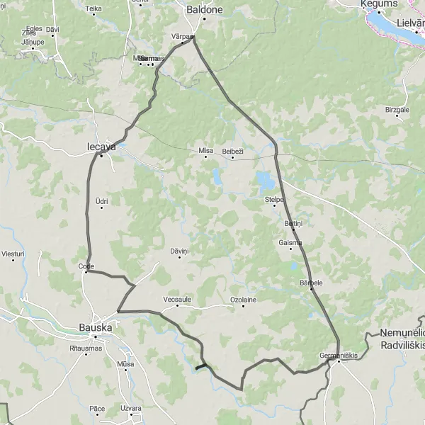 Map miniature of "Vecumnieki to Zvirgzde Road Route" cycling inspiration in Latvija, Latvia. Generated by Tarmacs.app cycling route planner