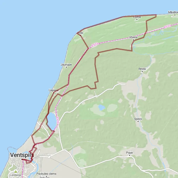 Map miniature of "Ventspils to Ventspils Castle" cycling inspiration in Latvija, Latvia. Generated by Tarmacs.app cycling route planner