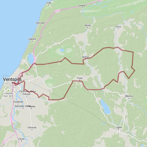 Map miniature of "Ventspils to Ventspils Castle via Pope" cycling inspiration in Latvija, Latvia. Generated by Tarmacs.app cycling route planner