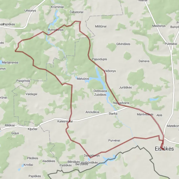 Map miniature of "Gravel Adventure to Naujadvaris" cycling inspiration in Sostinės regionas, Lithuania. Generated by Tarmacs.app cycling route planner