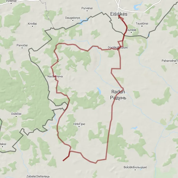 Map miniature of "Discovering Rural Belarus" cycling inspiration in Sostinės regionas, Lithuania. Generated by Tarmacs.app cycling route planner