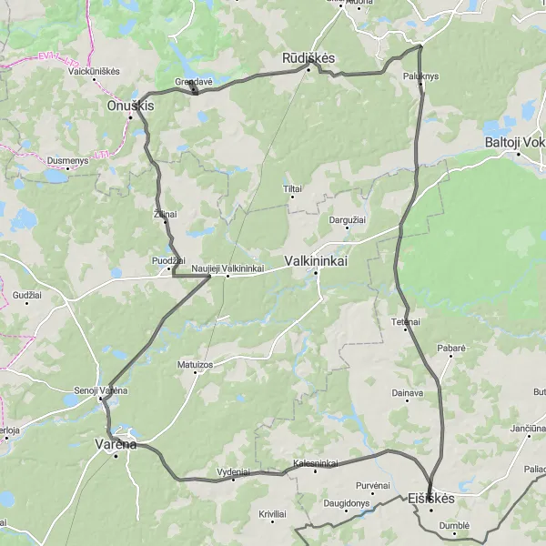 Map miniature of "The Varėna Challenge" cycling inspiration in Sostinės regionas, Lithuania. Generated by Tarmacs.app cycling route planner