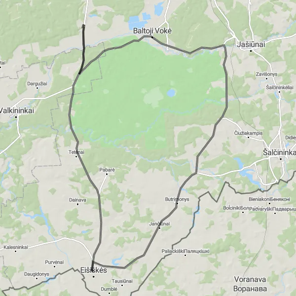 Map miniature of "The Pirčiupiai Loop" cycling inspiration in Sostinės regionas, Lithuania. Generated by Tarmacs.app cycling route planner