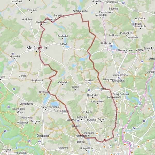 Map miniature of "Saugūniškės-Didžioji Riešė Gravel Adventure" cycling inspiration in Sostinės regionas, Lithuania. Generated by Tarmacs.app cycling route planner