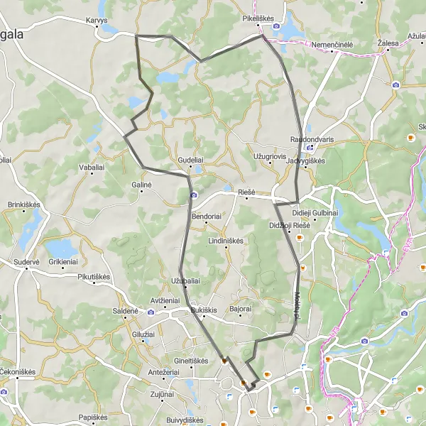 Map miniature of "Klevinė-Visoriai Scenic Ride" cycling inspiration in Sostinės regionas, Lithuania. Generated by Tarmacs.app cycling route planner