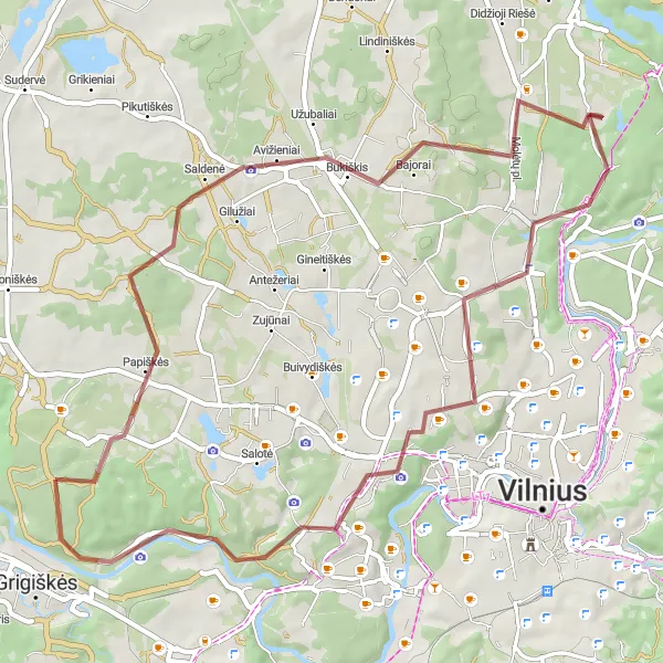 Map miniature of "Gravel Route to Bukiškis and Bieliūnai" cycling inspiration in Sostinės regionas, Lithuania. Generated by Tarmacs.app cycling route planner