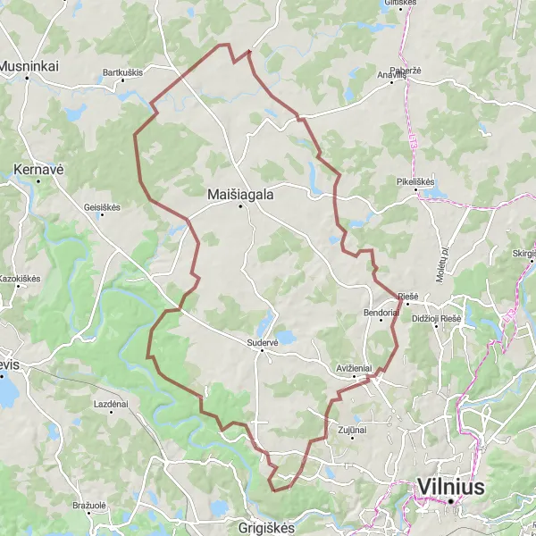 Map miniature of "Gravel Adventure to Sviliškiai" cycling inspiration in Sostinės regionas, Lithuania. Generated by Tarmacs.app cycling route planner