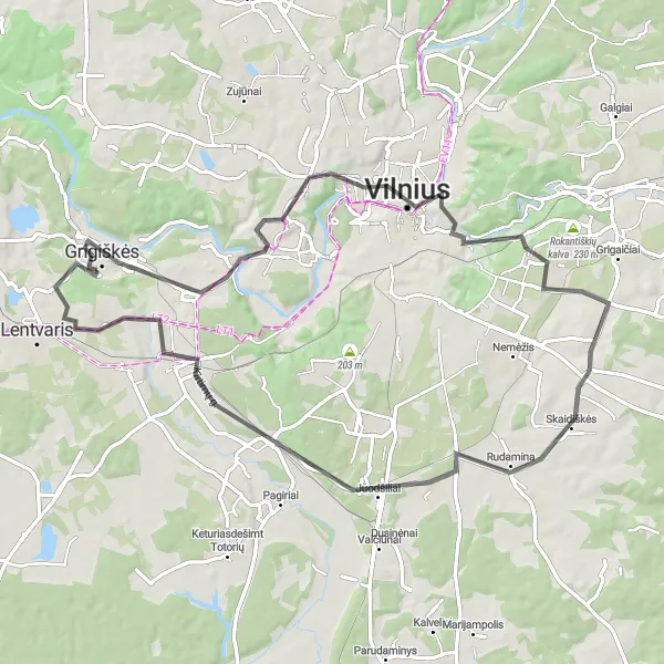 Map miniature of "Road Route to Skaidiškės and Naujasis Lentvaris" cycling inspiration in Sostinės regionas, Lithuania. Generated by Tarmacs.app cycling route planner