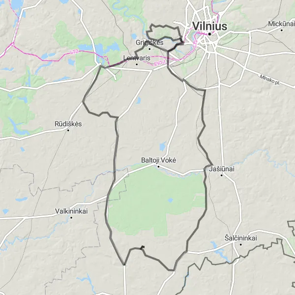 Map miniature of "The Neris River Loop" cycling inspiration in Sostinės regionas, Lithuania. Generated by Tarmacs.app cycling route planner