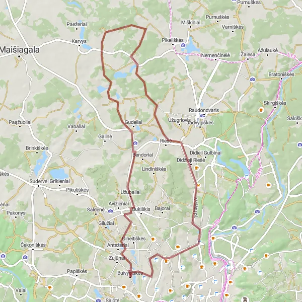 Map miniature of "Gravel Explorations: Justiniškės - Didžioji Riešė Loop" cycling inspiration in Sostinės regionas, Lithuania. Generated by Tarmacs.app cycling route planner