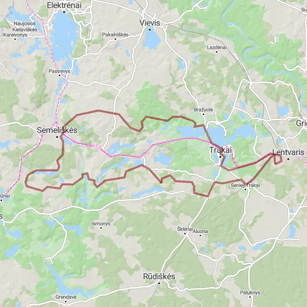 Map miniature of "Trakai Gravel Adventure" cycling inspiration in Sostinės regionas, Lithuania. Generated by Tarmacs.app cycling route planner