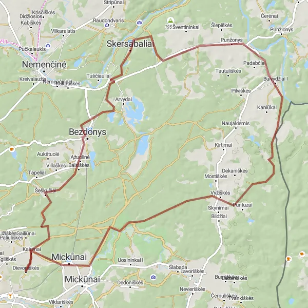 Map miniature of "Sostinės Gravel Loop" cycling inspiration in Sostinės regionas, Lithuania. Generated by Tarmacs.app cycling route planner