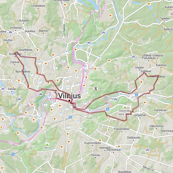 Map miniature of "Gravel Adventure with Tuputiškių Serpantinas, Rasos, and Miesto Panorama" cycling inspiration in Sostinės regionas, Lithuania. Generated by Tarmacs.app cycling route planner