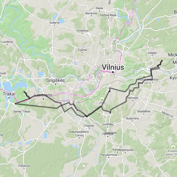 Map miniature of "Road Cycling Tour to Tuputiškių Serpantinas, Naujininkai, and Lentvaris" cycling inspiration in Sostinės regionas, Lithuania. Generated by Tarmacs.app cycling route planner