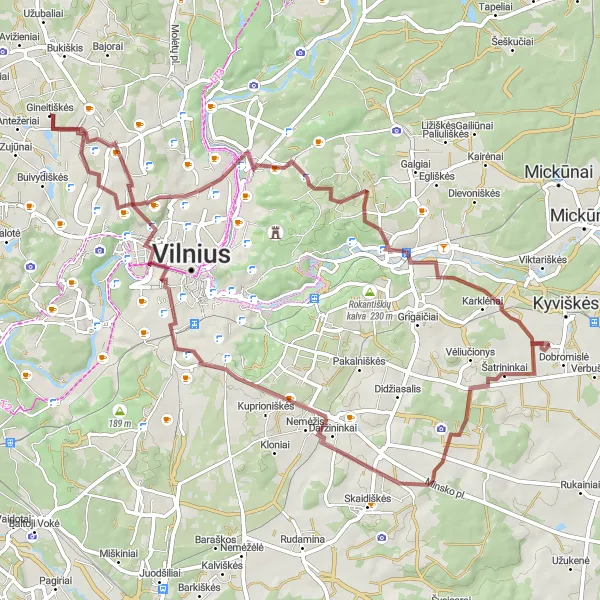 Map miniature of "Glimpses of History and Nature in Šeškinė and Saltoniškės" cycling inspiration in Sostinės regionas, Lithuania. Generated by Tarmacs.app cycling route planner