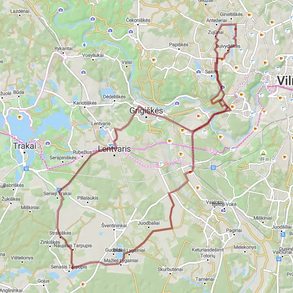 Map miniature of "Guopstos and Grigiškės Adventure" cycling inspiration in Sostinės regionas, Lithuania. Generated by Tarmacs.app cycling route planner