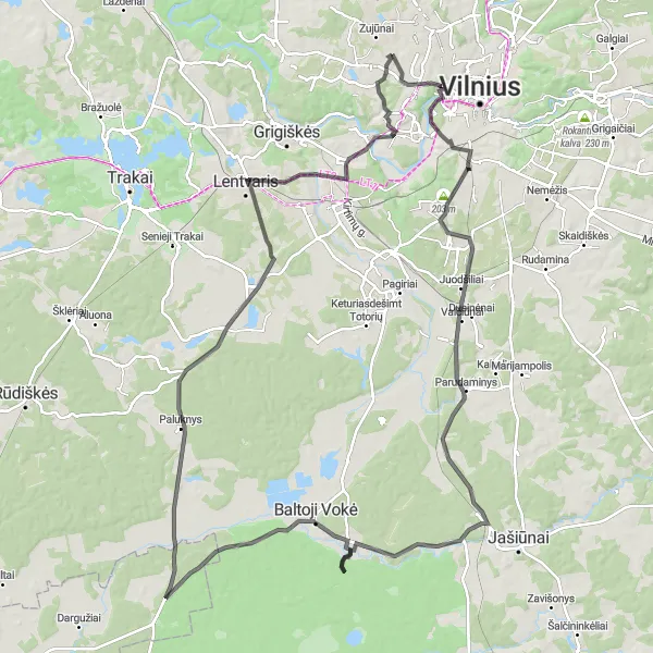 Map miniature of "Vingio parko liepų alėja and Mūrinė Vokė" cycling inspiration in Sostinės regionas, Lithuania. Generated by Tarmacs.app cycling route planner