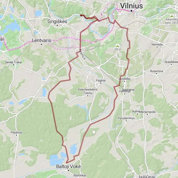 Map miniature of "Gravel Adventure: Explore Pilaitė and Beyond" cycling inspiration in Sostinės regionas, Lithuania. Generated by Tarmacs.app cycling route planner