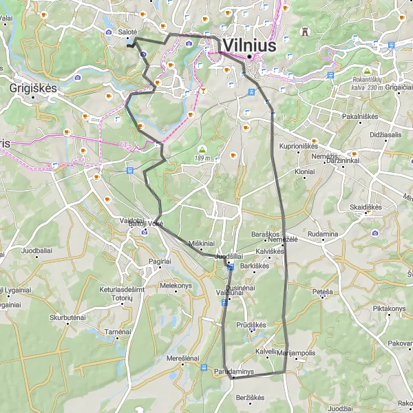 Map miniature of "Scenic Road Ride: Pilaitė to Gudeliai Hillfort" cycling inspiration in Sostinės regionas, Lithuania. Generated by Tarmacs.app cycling route planner