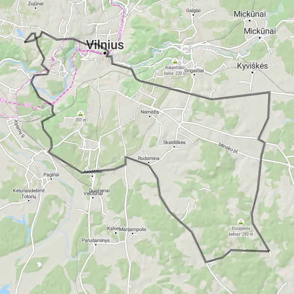 Map miniature of "Pilaitė to Vėliučionys Road Route" cycling inspiration in Sostinės regionas, Lithuania. Generated by Tarmacs.app cycling route planner