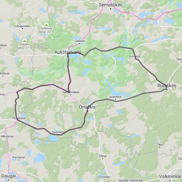 Map miniature of "Rūdiškės to Aukštadvaris Round-trip" cycling inspiration in Sostinės regionas, Lithuania. Generated by Tarmacs.app cycling route planner