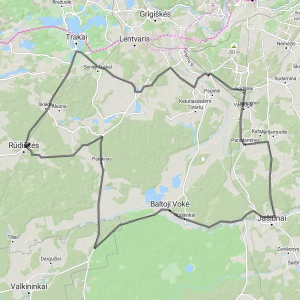 Map miniature of "Historical Road Trip: Rūdiškės to Bajoriškės" cycling inspiration in Sostinės regionas, Lithuania. Generated by Tarmacs.app cycling route planner