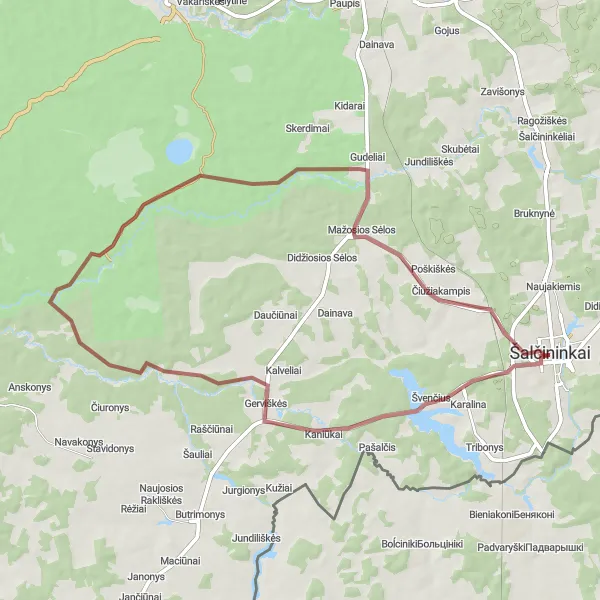 Map miniature of "Around Šalčininkai: A Gravel Adventure" cycling inspiration in Sostinės regionas, Lithuania. Generated by Tarmacs.app cycling route planner