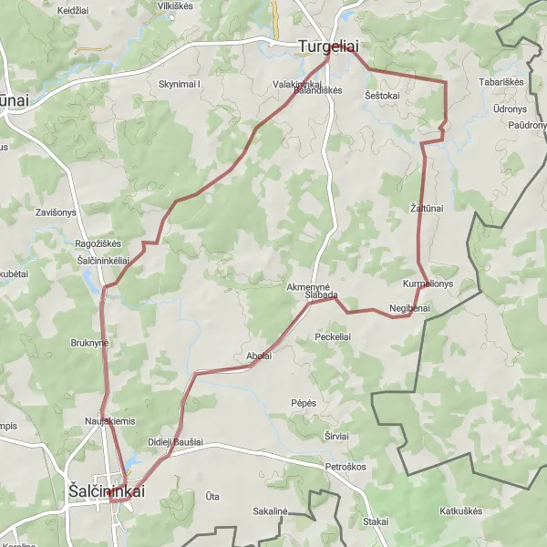 Map miniature of "The Scenic Loop: A Gravel Adventure" cycling inspiration in Sostinės regionas, Lithuania. Generated by Tarmacs.app cycling route planner