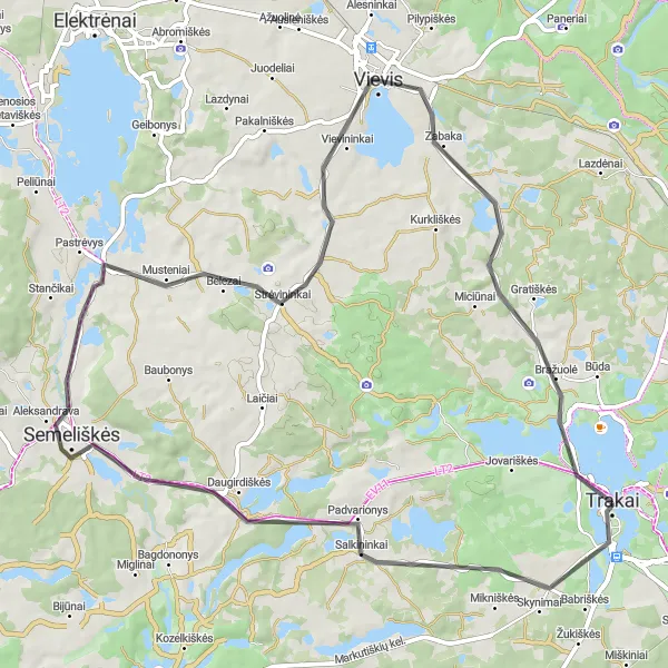 Map miniature of "Semeliškės and Kuzmiškė" cycling inspiration in Sostinės regionas, Lithuania. Generated by Tarmacs.app cycling route planner