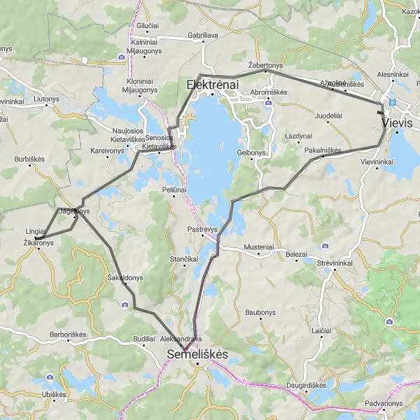 Map miniature of "Scenic Road Cycling Route near Vievis" cycling inspiration in Sostinės regionas, Lithuania. Generated by Tarmacs.app cycling route planner