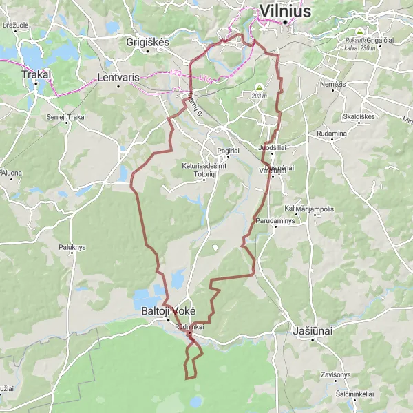 Map miniature of "Gravel Adventure through Nature" cycling inspiration in Sostinės regionas, Lithuania. Generated by Tarmacs.app cycling route planner