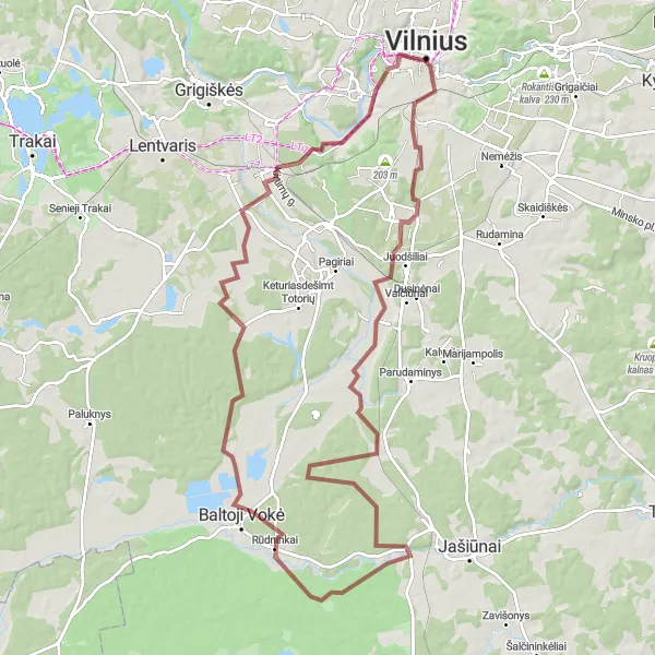 Map miniature of "Scenic Gravel Ride: Vilnius to Naujininkai" cycling inspiration in Sostinės regionas, Lithuania. Generated by Tarmacs.app cycling route planner