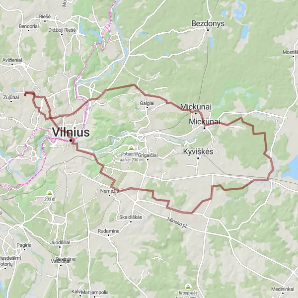 Map miniature of "Gravel Adventures near Vilnius" cycling inspiration in Sostinės regionas, Lithuania. Generated by Tarmacs.app cycling route planner