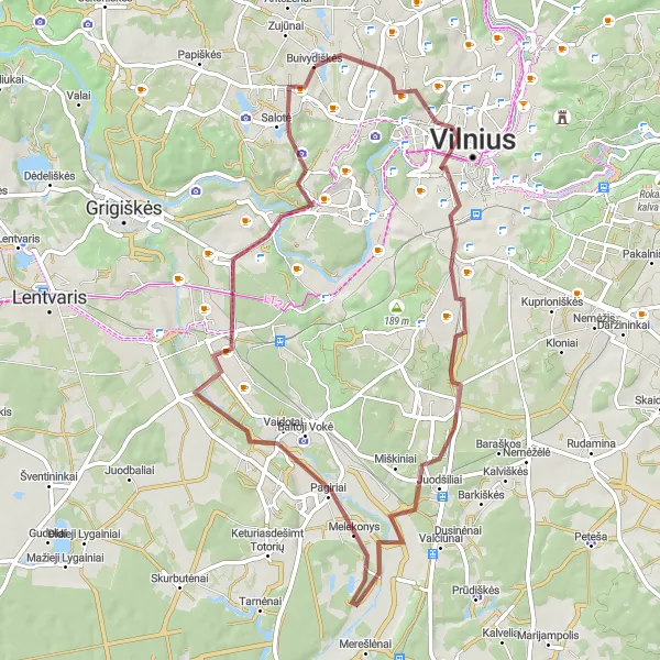 Map miniature of "Gravel Adventure: Vilnius Outskirts" cycling inspiration in Sostinės regionas, Lithuania. Generated by Tarmacs.app cycling route planner