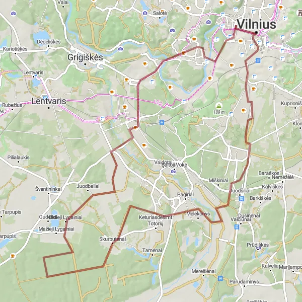 Map miniature of "Off the Beaten Path Gravel Adventure" cycling inspiration in Sostinės regionas, Lithuania. Generated by Tarmacs.app cycling route planner