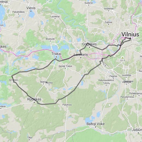 Map miniature of "From Vilnius to Radziwiłł Palace" cycling inspiration in Sostinės regionas, Lithuania. Generated by Tarmacs.app cycling route planner