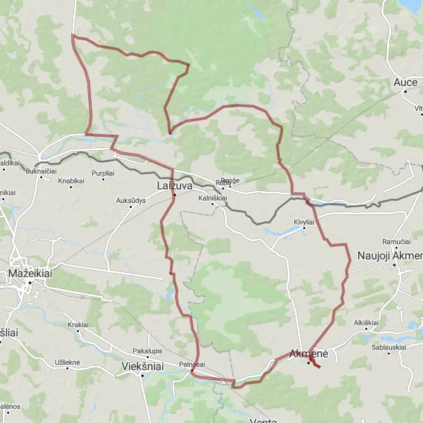 Map miniature of "Akmenė Gravel Route 5" cycling inspiration in Vidurio ir vakarų Lietuvos regionas, Lithuania. Generated by Tarmacs.app cycling route planner
