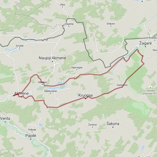 Map miniature of "Akmenė Gravel Route 4" cycling inspiration in Vidurio ir vakarų Lietuvos regionas, Lithuania. Generated by Tarmacs.app cycling route planner