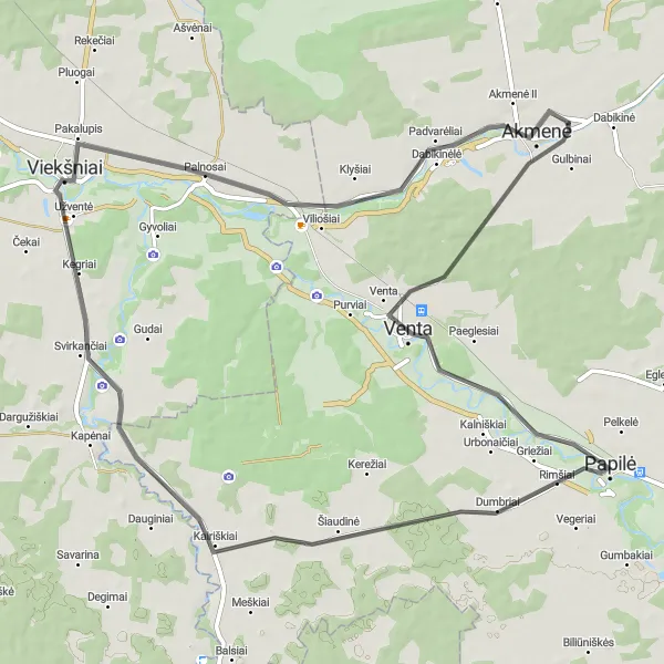 Map miniature of "The Countryside Escape" cycling inspiration in Vidurio ir vakarų Lietuvos regionas, Lithuania. Generated by Tarmacs.app cycling route planner