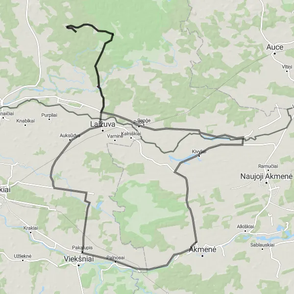 Map miniature of "The Akmenė Adventure" cycling inspiration in Vidurio ir vakarų Lietuvos regionas, Lithuania. Generated by Tarmacs.app cycling route planner