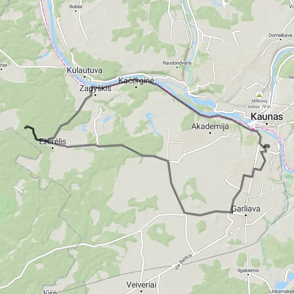 Map miniature of "Aleksotas - Kalnelis Loop" cycling inspiration in Vidurio ir vakarų Lietuvos regionas, Lithuania. Generated by Tarmacs.app cycling route planner