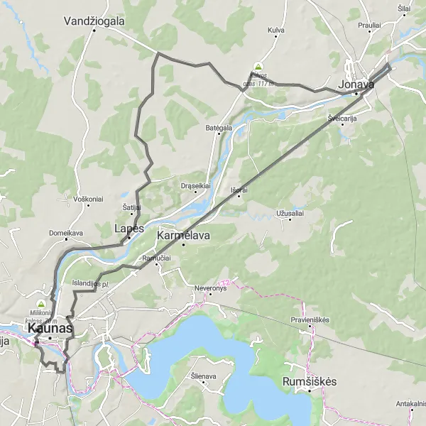 Map miniature of "Scenic Road Trip - Saliai to Karmelitai" cycling inspiration in Vidurio ir vakarų Lietuvos regionas, Lithuania. Generated by Tarmacs.app cycling route planner