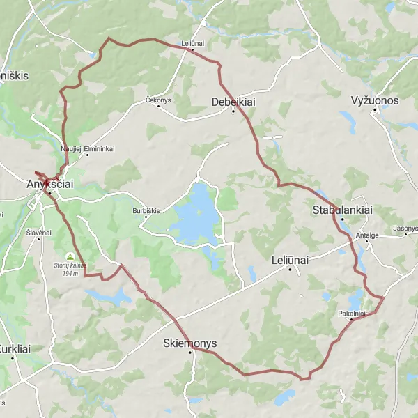 Map miniature of "Gravel Cycling Route near Anykščiai" cycling inspiration in Vidurio ir vakarų Lietuvos regionas, Lithuania. Generated by Tarmacs.app cycling route planner
