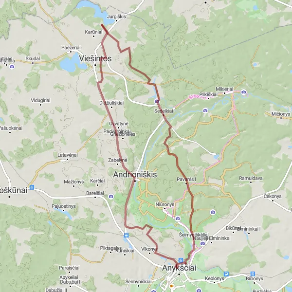 Map miniature of "Gravel Adventure to Anykščiai" cycling inspiration in Vidurio ir vakarų Lietuvos regionas, Lithuania. Generated by Tarmacs.app cycling route planner