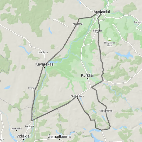 Map miniature of "Challenging Road Cycling Route" cycling inspiration in Vidurio ir vakarų Lietuvos regionas, Lithuania. Generated by Tarmacs.app cycling route planner