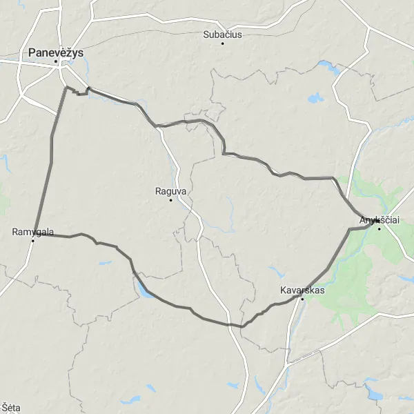 Map miniature of "Road Cycling Route from Anykščiai" cycling inspiration in Vidurio ir vakarų Lietuvos regionas, Lithuania. Generated by Tarmacs.app cycling route planner